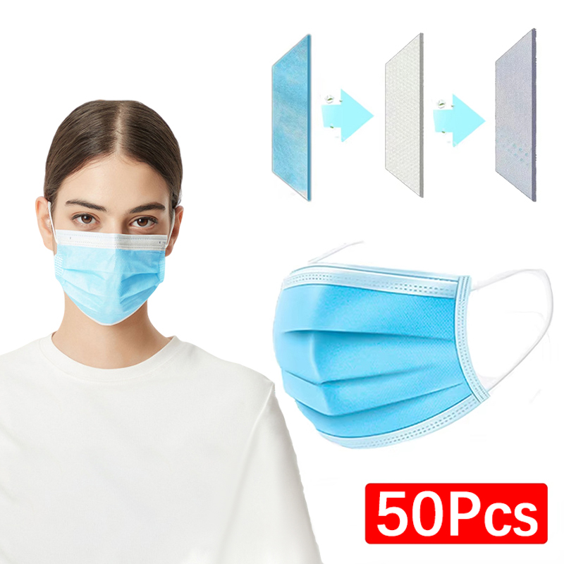 50Pcs 3-layer Mask Face Masks  - огляд і ціна Disposable Mask Blue